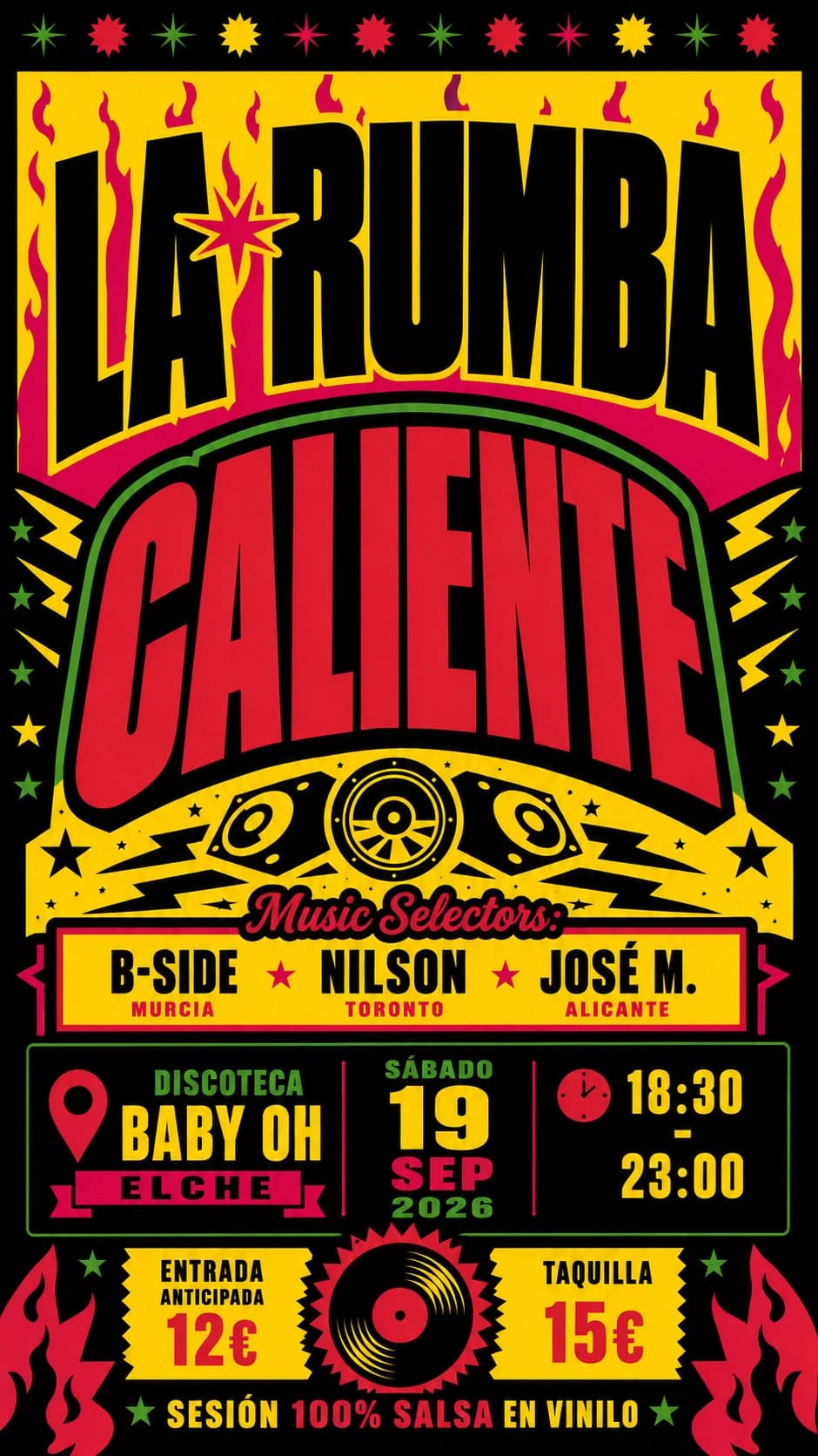 La Rumba Caliente poster: Saturday 19 September 2026, 18:30 to 23:00, at Baby Oh club in Elche, Spain.